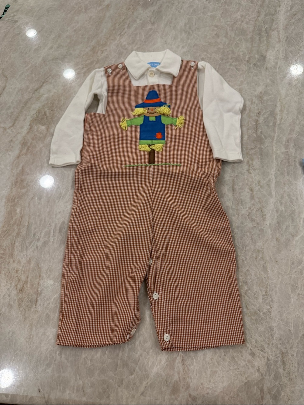 Toddler Brown Gingham Scarecrow Applique Overalls with White Shirt Mondays Child